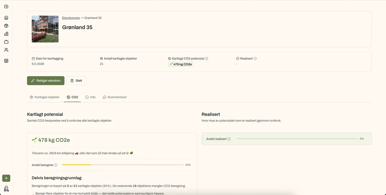 CO²-besparelse i Rehub: kartlagt potensial og realisert klimagevinst for en eiendom